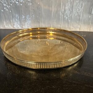 Vintage Round Silverplated Brass Tray with Cutout Border MCM Vanity Wedding Bar